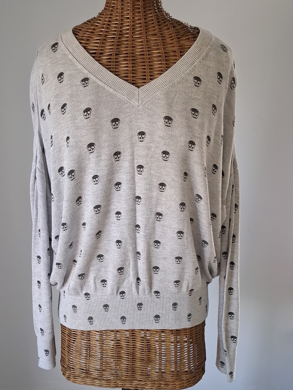 Philosophy Halloween Skull Light Gray V-Neck Goth Sweater